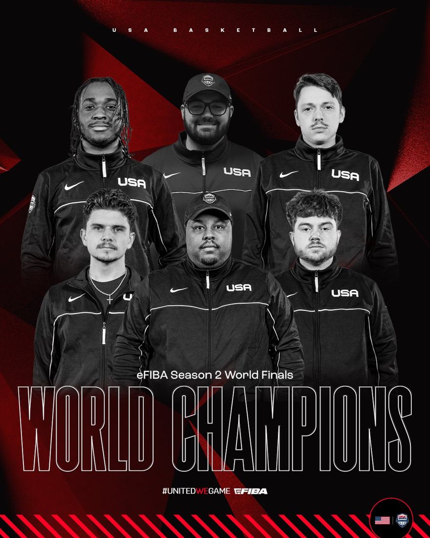 USA Basketball graphic: eFIBA Season 2 World Finals World Champions, with Coach Lance top center