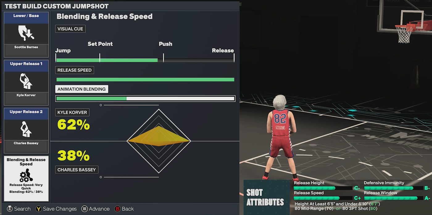 The NBA 2K27 Blending and Release Speed screen, with the release tiles down
                  the left and the Shot Attributes box at the bottom right both outlined in red.